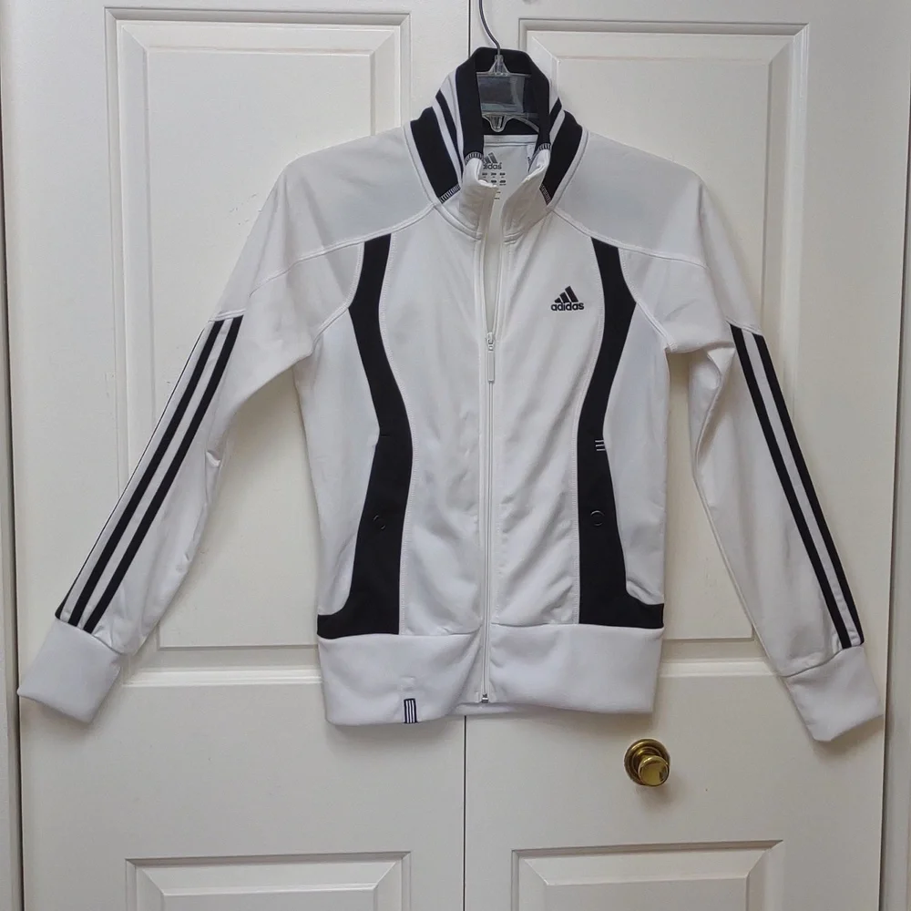 Adidas Women's Full Zip LS Stand Collar Snap HandWarmer Pockets Track Jacket Vtg - Picture 2 of 16
